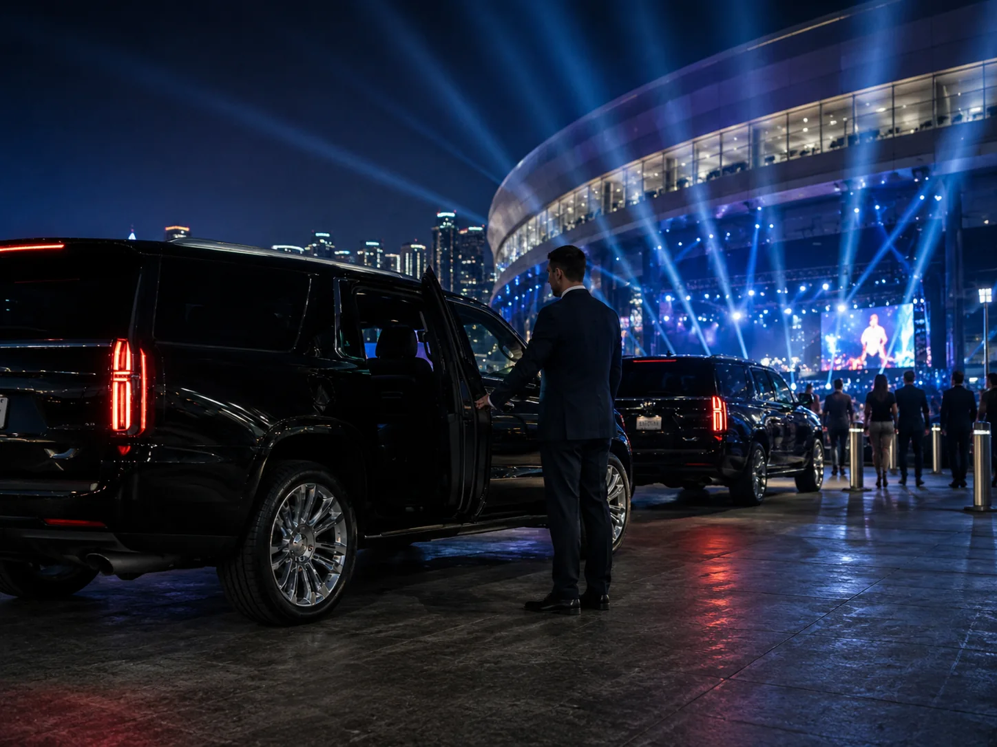Concert transportation lineup outside a major live event venue