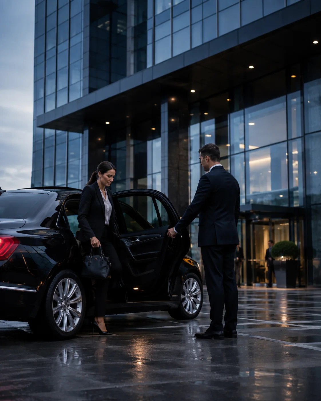 Executive traveler arriving at a modern glass office tower in a chauffeured sedan