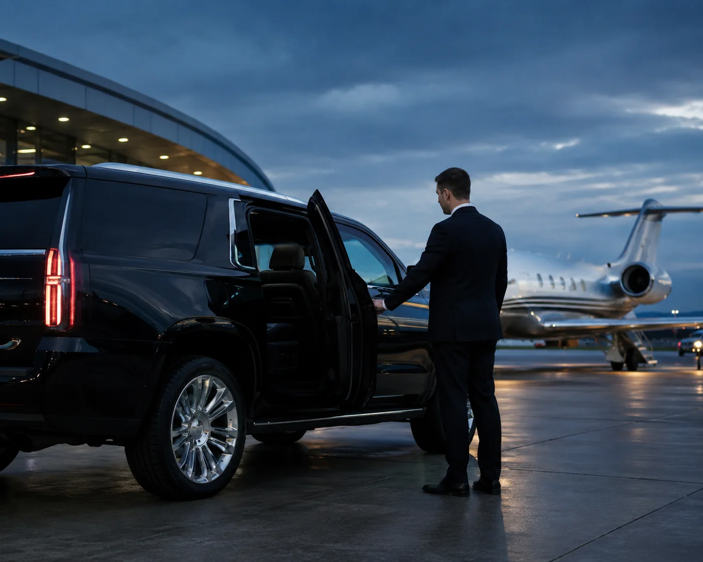 Black luxury SUV positioned beside a private jet at an FBO